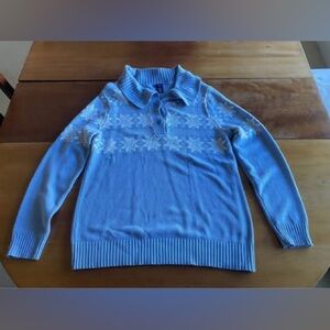 Nordic Blue Sweater with White Snowflake Pattern and Button Collar